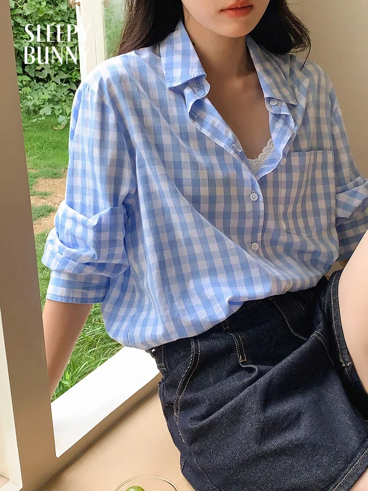 

Chic Oversized Gingham Shirt Women Summer Loose Fit Lightweight Long Sleeve Plaid Button-Down Blouse Sun Protection Work Top