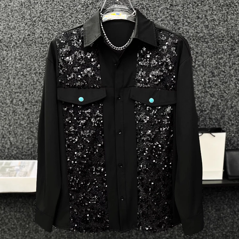 Men's 2025 Spring Autumn New Sequin Splicing Long Sleeve Shirt Sets Handsome Loose Comfort Shirt Straight Pants Two-Piece Sets