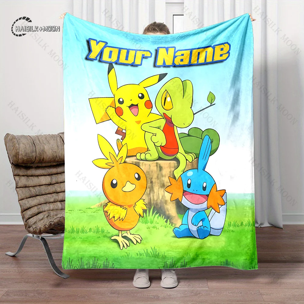 1PC Custom Name Pokémon Pikachu Charmander Printed Blanket, All-Season Multi-Use for Nap, Camping, Travel, Sofa Machine Washable