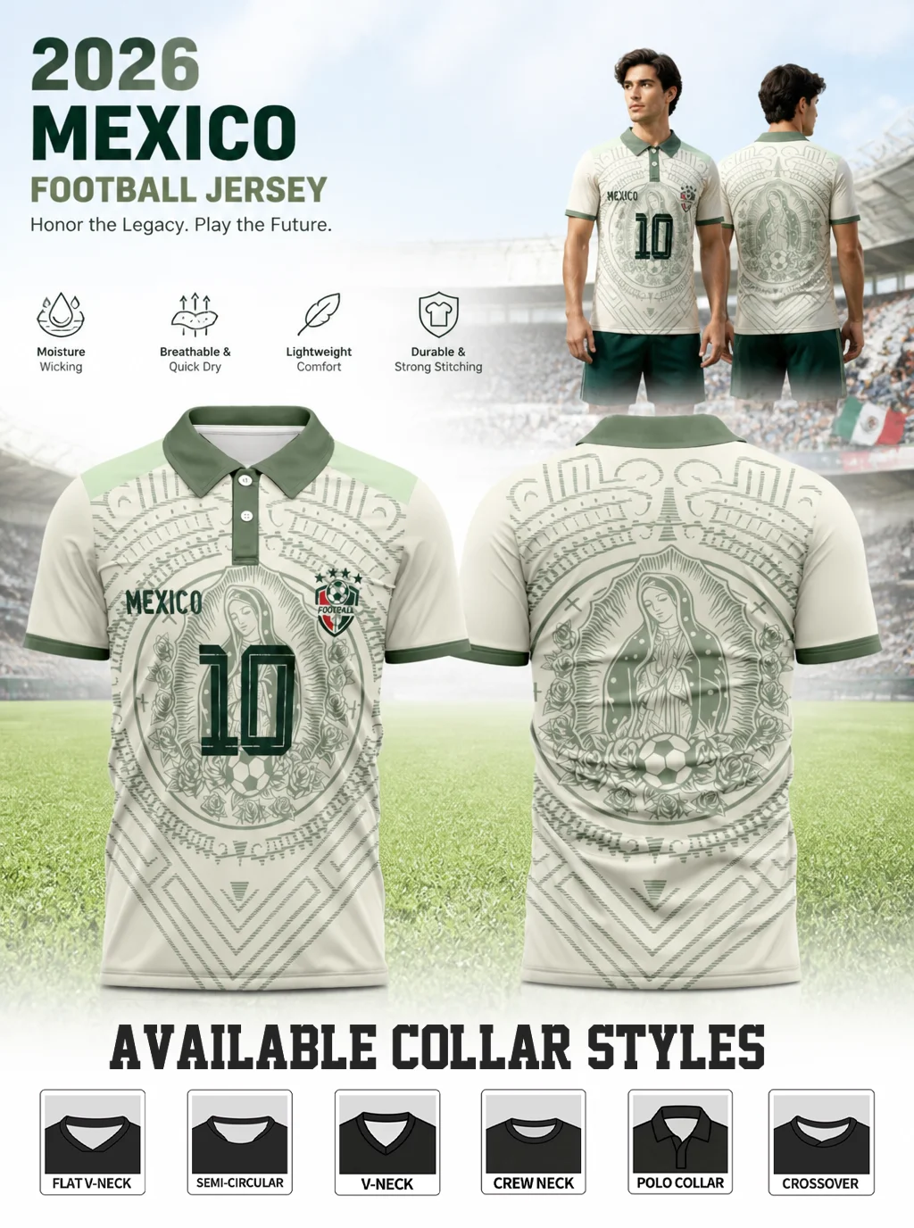 Vintage Mexico soccer polo in cream green. Lightweight top for sports and daily outfits