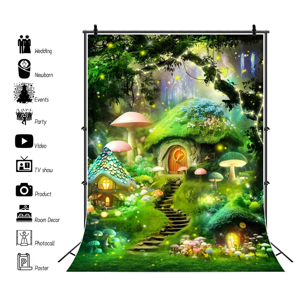 Fairy Tale Forest Mushroom Backdrop Dream Enchanted Wonderland Mushroom House Jungle Baby Birthday Photography Background Decor