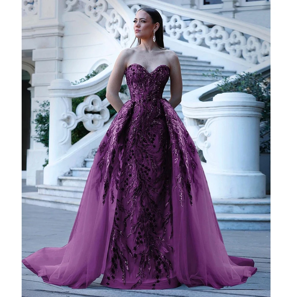 

Evening Dress Purple Sleeveless Sweetheart Floor Length Appliques Chapel Train Formal Party Gown Gorgeous Dresses Pretty Women