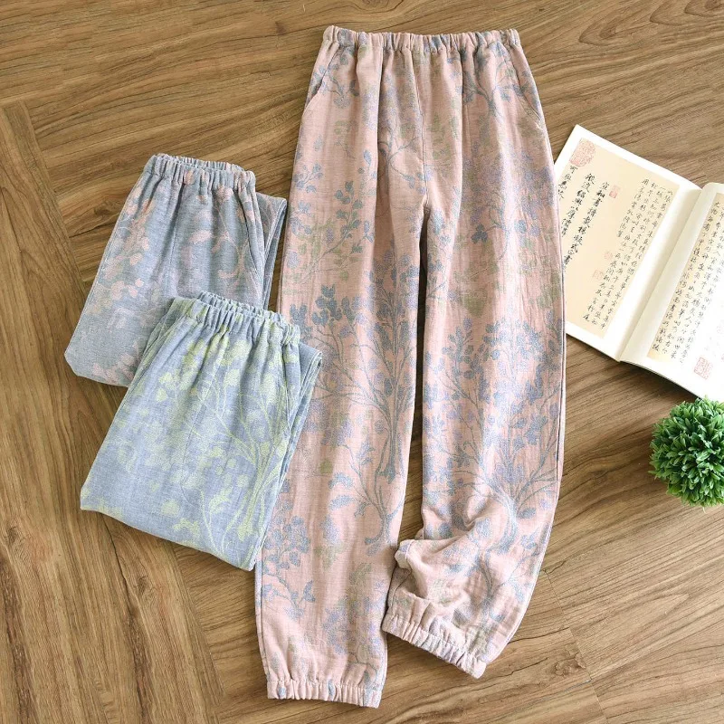 

Новинка 2023 года, весенне-летние женские брюки для сна, 100% трикотаж из чистого хлопка, неструктурированные льняные тканые свободные домашние брюки, низ для женщин