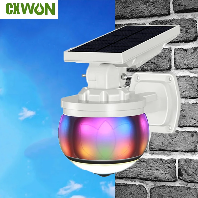 Solar Lights Motion Sensor Outdoor RGB Virtual Security Camera Spotlight 8W Solar Light IP66 Waterproof Color Flash