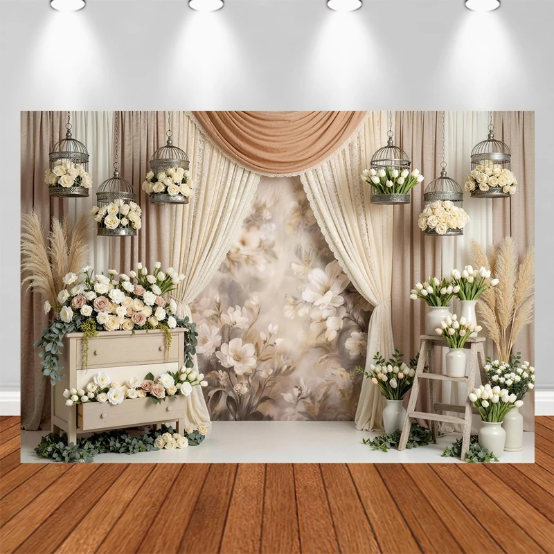 

LS Photography Background Bohe Floral Tulip Curtain Decor Birthday Cake Smash Baby Shower Kids Portrait Photo Backdrop Studio