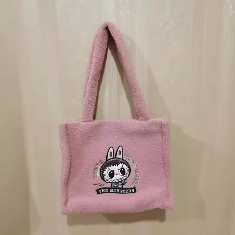 2024 New Labubu 34*28cm School Bag Cartoon Embroidery Soft Plush Tote Bag Shopper Bag Shoulder Bags For Women Cute Holiday Gift