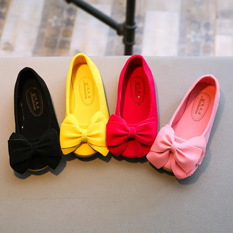 Solid Color Bow Tie Princess Shoes Girl Kid Shoe Fashionable Trendy Toddler Shoes Girl Comfortable Wear-resistant Leather Shoe