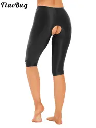 Frauen Glänzend Glatt Öffnen Gabelung Shorts Stretchy Elastische Bund Leggings Kurze Hosen Slim Fit Böden für Sport Yoga Dance