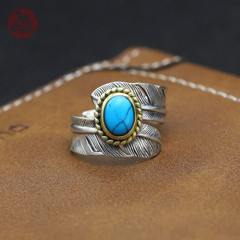 

S925 Sterling Silver Indian Feather Ring Fashion vintage set turquoise men's and women's open Ring jewelry Gift Factory price