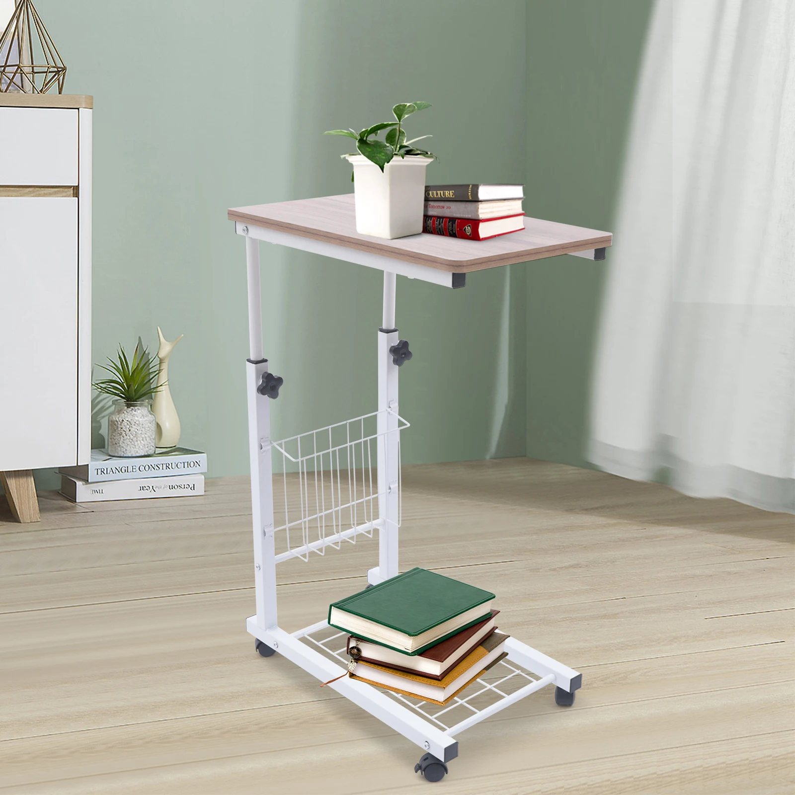 29.92*18.9*11.42 Inch Carbon Steel Bracket Side Table with Lockable Universal Wheels Height-adjustable Legs Side Table