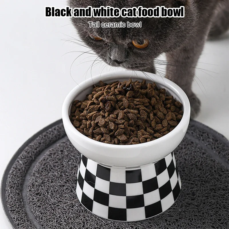 Cat Bowl Ceramic Cartoon Cat Neck Protection Integrated Cat Food Bowl Drinking Water  Checker Bowl Ceramic Food