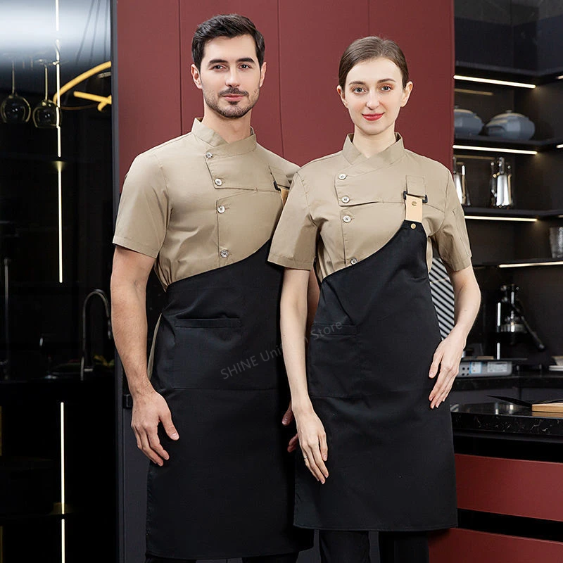 สีขาว Chef Coat โลโก้แขนสั้นเชฟผ้ากันเปื้อนสำหรับฤดูร้อนหัว Chef Uniform ร้านอาหารโรงแรมพิซซ่าพิซซ่า Pakaian Memasak