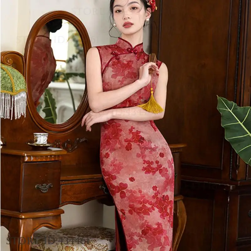 

Print Flower Long Cheongsam Retro Elegant Traditional Chinese Dresses Sexy Slim Split Female Qipao Classical Dance Wear Vestidos