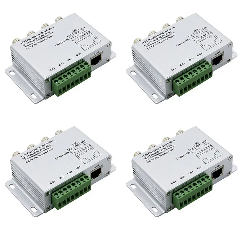 4X 4CH Passive Video Balun For TVI CVI Cameras CCTV Via Twisted Pairs UTP Video Balun 4CH Transceiver BNC To UTP RJ45-AT64