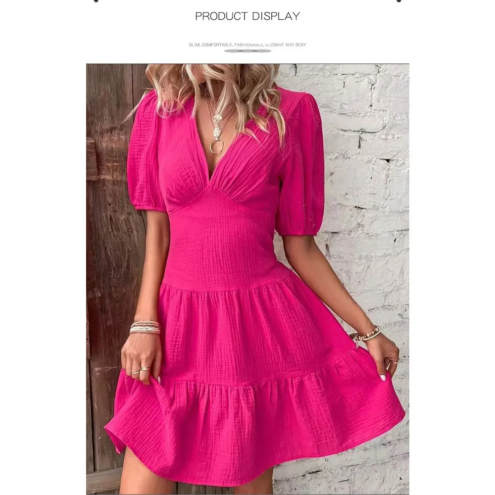 Party Dresses  Woman Summer New Fashion Deep V Bubble Sleeve Resort Pleated Dress Skirts Y2k Woman Clothing
