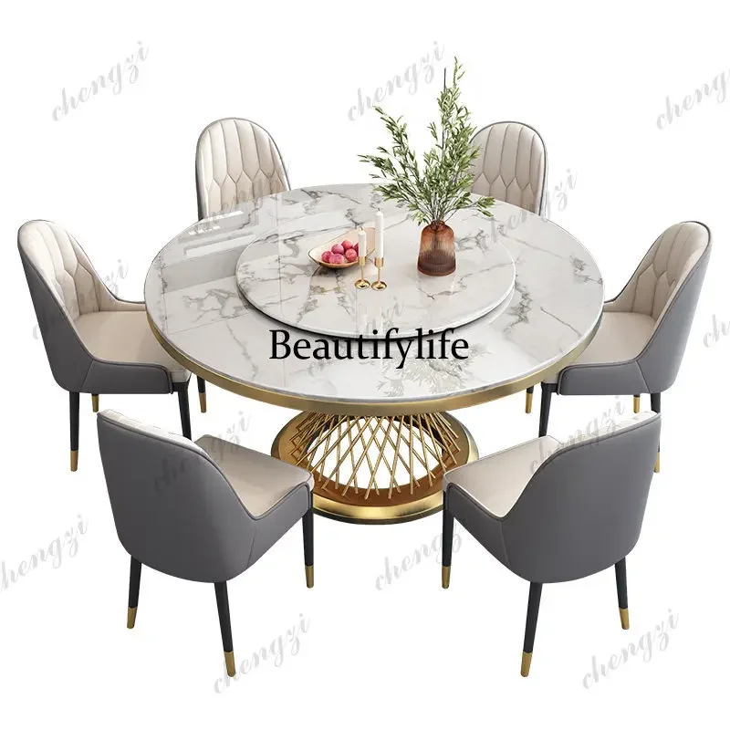 D178 Luxury round dinning Marble Rock Slab dining table set modern 6 chairs mesa comedor sillas furniture Stainless steel gold b