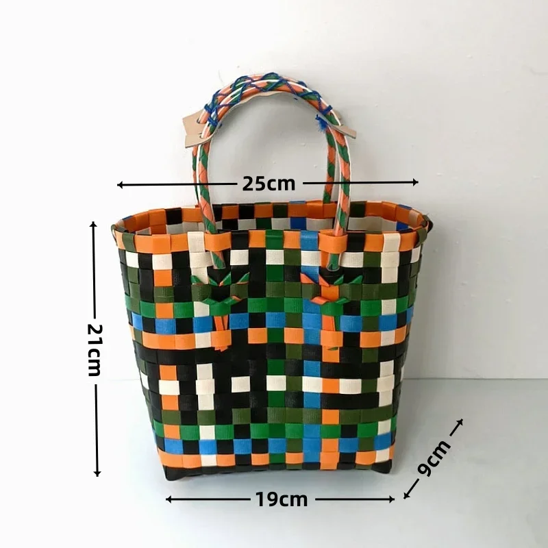 Women Handwoven Color Contrast Plaid Pattern Handbag Small Plastic Woven Tote Bag Causal Beach Holiday Shopping Bag Sacs À Main