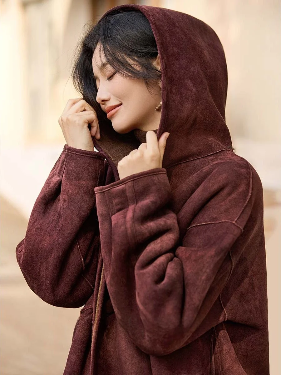 Thiened ラムファー風裏地付きコート スエードレザー風 ホリデー雰囲気 フード付き 冬新作 スレ レディース J...