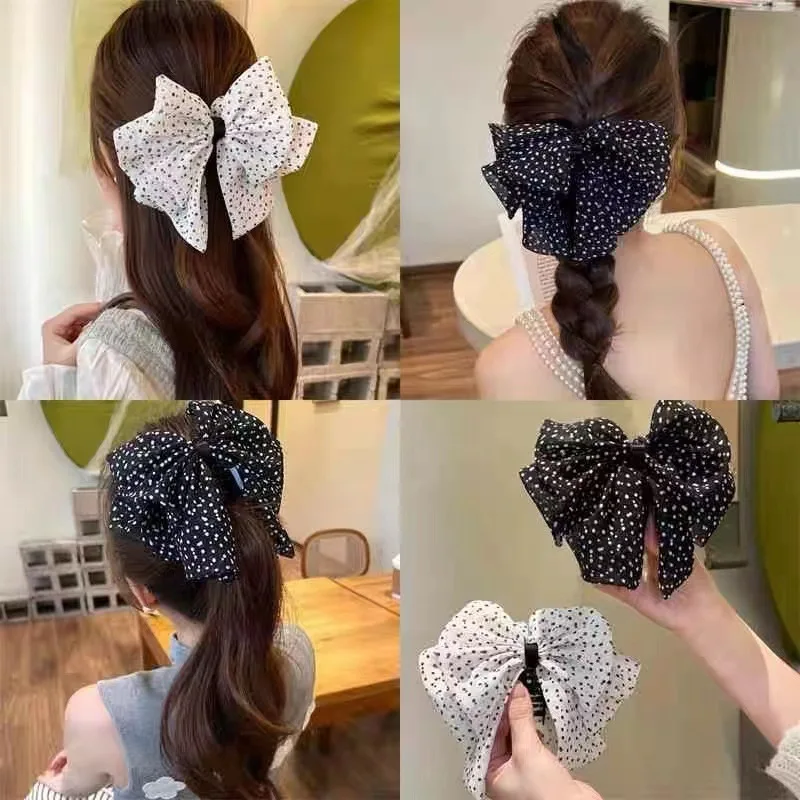 

Korean polka dot bow hairpin women's fashion retro back head grab clip high-end ponytail clip shark clip headgear