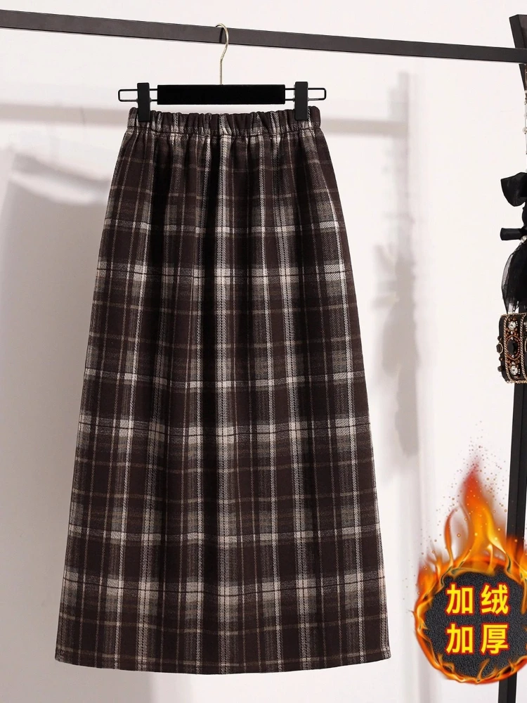 

Women's High Waist Plaid A-Line Midi Skirt Winter Slit Fashion Slimming Elegant Fleece-Lined Tweed Long Maxi Flared Skirt