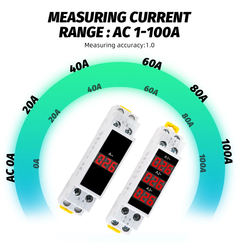 Medidor de amperios trifásico de montaje en Riel Din, Mini Indicador de corriente Modular, pantalla Digital LED, amperímetro Detector, CA 1-100A