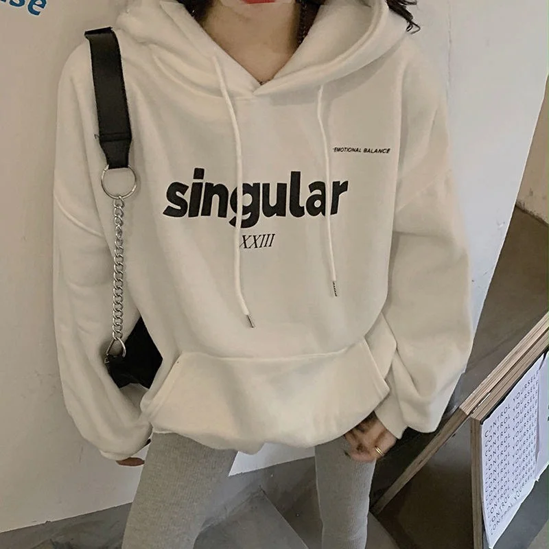 Women Korean‑Style Fleece‑Lined Thick Letter‑Print Hooded Pullover Hoodie Lady Loose Casual Basic Sweatshirt Top