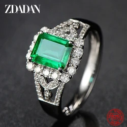 ZDADAN 925 Sterling Silver Emerald Adjustable Ring For Women Fashion Party Jewelry Gift