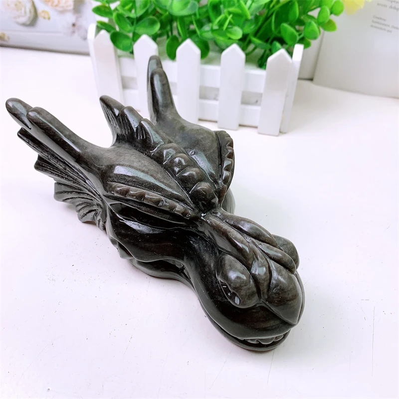19cm Natural Silver Obsidian Dragon Skull Carving Healing Fengshui Animal Statue Room Decorative Healing Gift