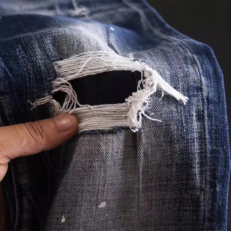 Street Fashion Vintage Men Jeans Retro Blue Stretch Slim Fit Hole Patched Ripped Jeans Men Painted Designer Hip Hop Denim Pants