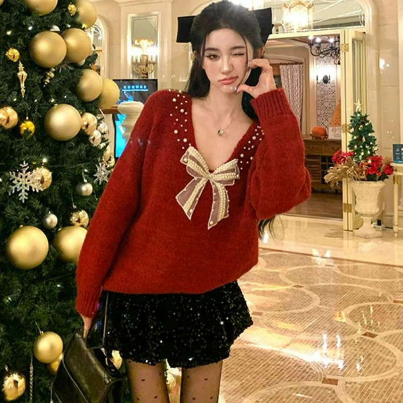 

Christmas New Year French bow knitted sweater body-hugging short skirt for women autumn winter elegant high-end two-piece set