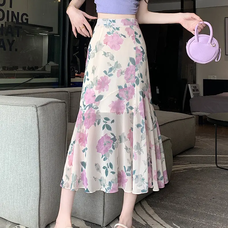 Broken Flowers Mermaid Midi Skirts Female Clothing Fashion Irregular Summer Thin High Waist Fairy Printed Elegant Bag Hip Skirts