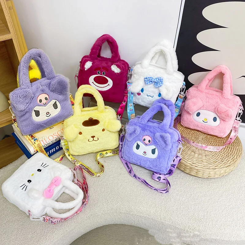 Kuromi Sanrio bolsa de felpa Kawaii Cinnamoroll Melody bandolera bolsa de almacenamiento de cosméticos dibujos animados Anime bolso portátil mujeres