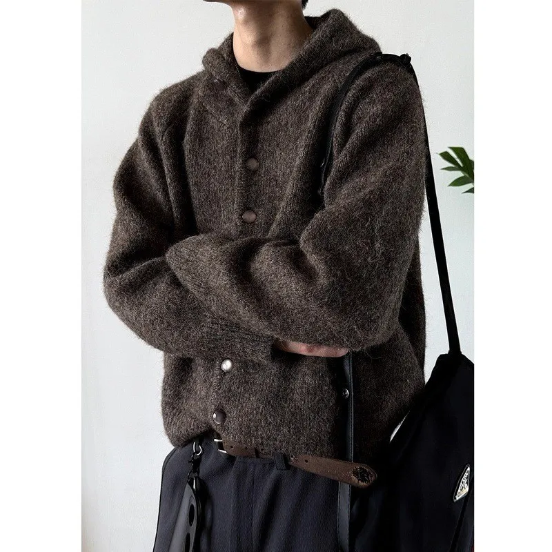 

Thiened Heavyweight Winter Knitted Cardigan Men's Simple High-End Feel f High Collar Hooded Sweater Jaet Warmth Outerwear