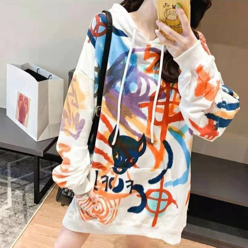 Top con cappuccio femminile Doodle Basic Y2k Vintage Novità Promozione Emo abbinato essenziale con Orint su felpe con cappuccio da donna