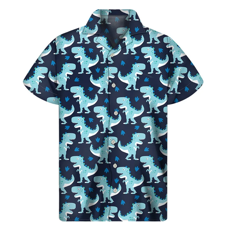 Cartoon Dinosaur Pattern Hawaiian Shirts For Men Summer 3D Print Animal Lapel Shirt Street Loose Button Short Sleeves Blouse