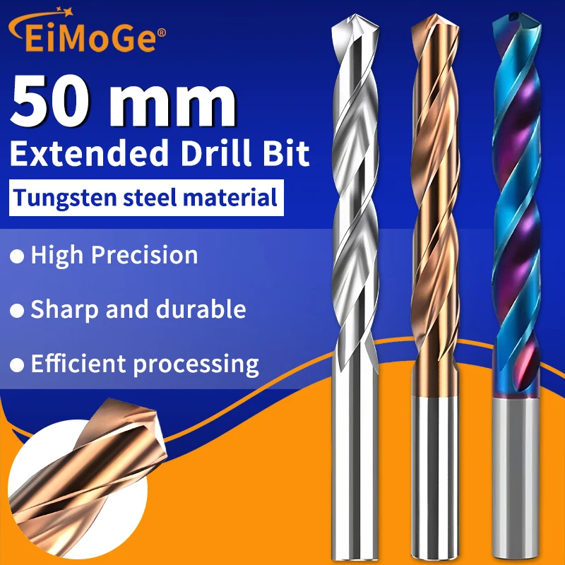 EIMOGE 50mm Long Series Carbide Twist Drills (0.8-4.6mm) – Optimized for Deep Hole CNC Machining in Steel and Alloy Applications