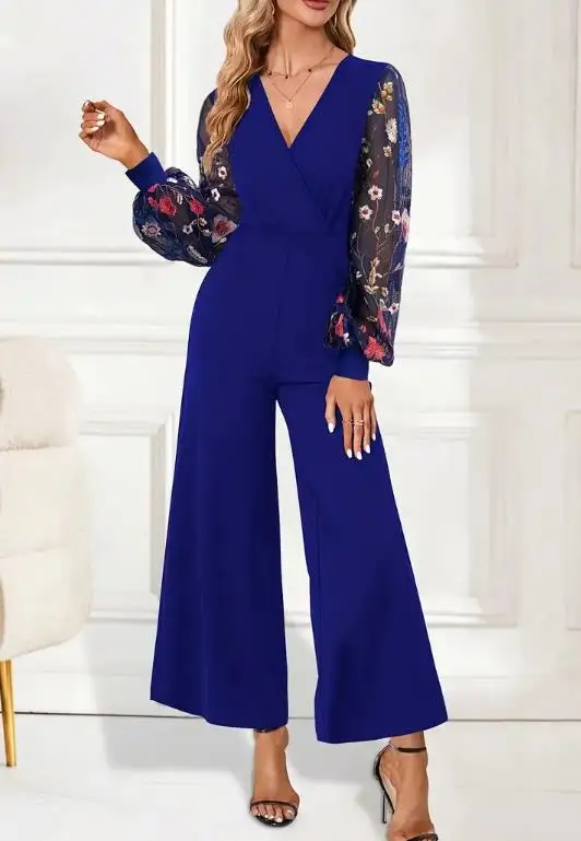 

Женский комбинезон приталенного кроя, летний, новый, с вышивкой, кружевными вставками, длинными рукавами, V-образным вырезом, элегантный, прямой крой.