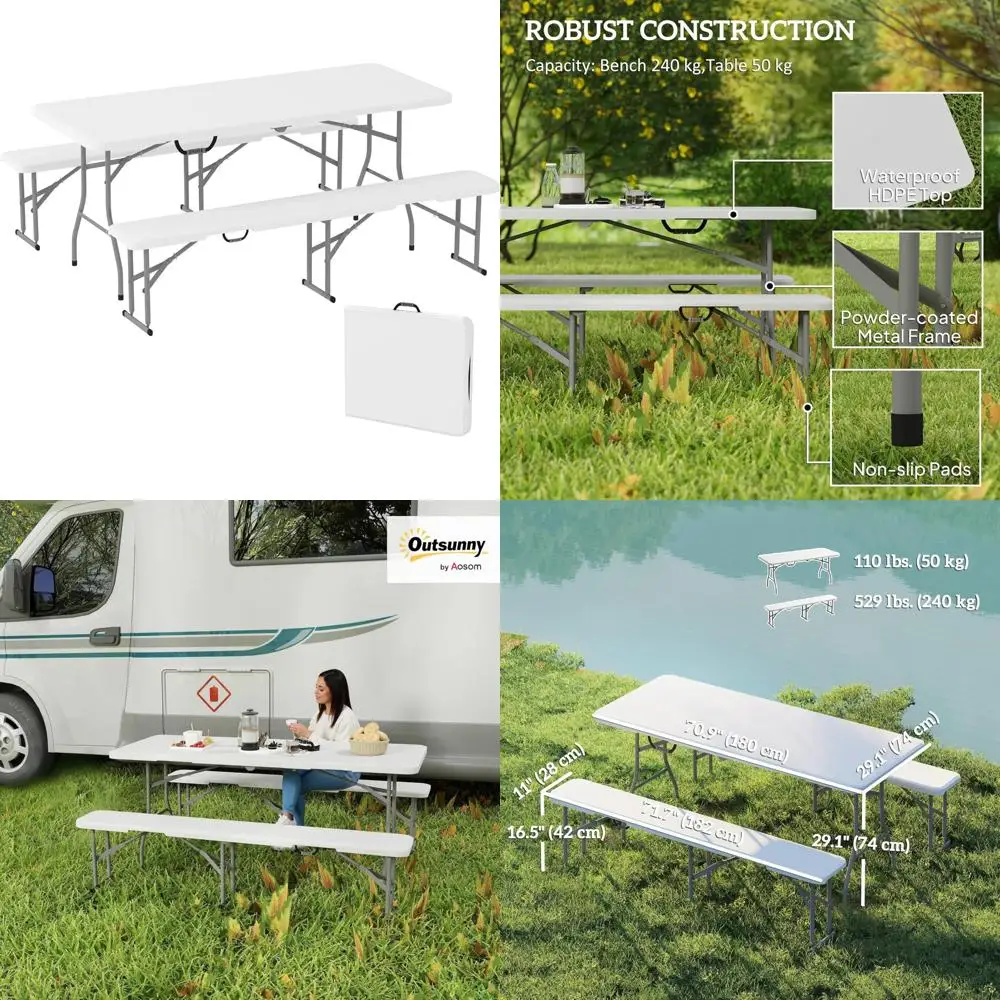 طقم طاولة نزهة ومقعد محمول، أثاث خارجي قابل للطي مع مقابض حمل، 6 أقدام، مناسب للتخييم والاستخدام الداخلي