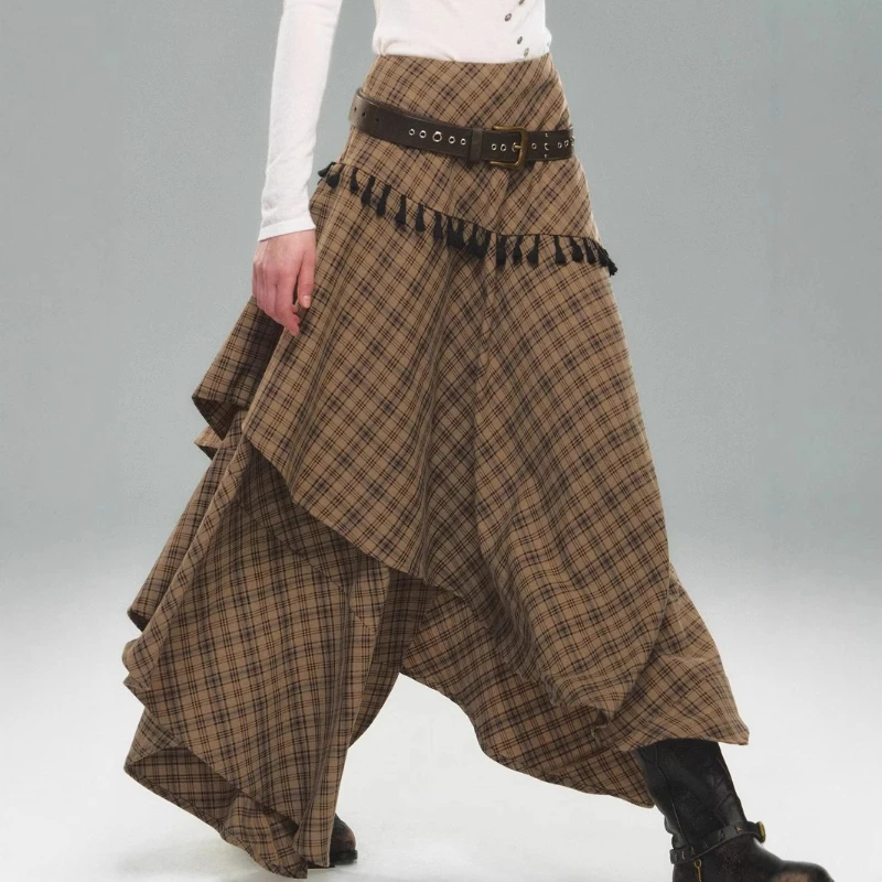 

Irregular Plaid Midi Skirt, Long Skirt, Autumn and Winter Retro Spicy Girl