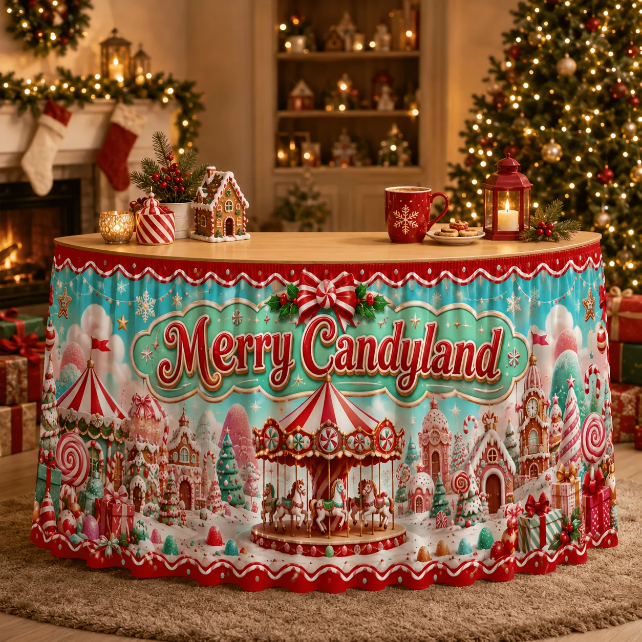 One table skirt with the Happy Candy Land Christmas Carousel print decoration. Suitable for Christmas parties.xzj