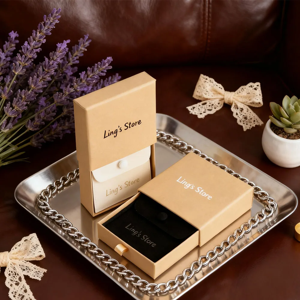 

9x9x2.5cm Kraft Paper Drawer Box Cardboard Jewelry Packaging Case Inside 8x8cm Microfiber Snap Button Gift Bag Small Suede Pouch