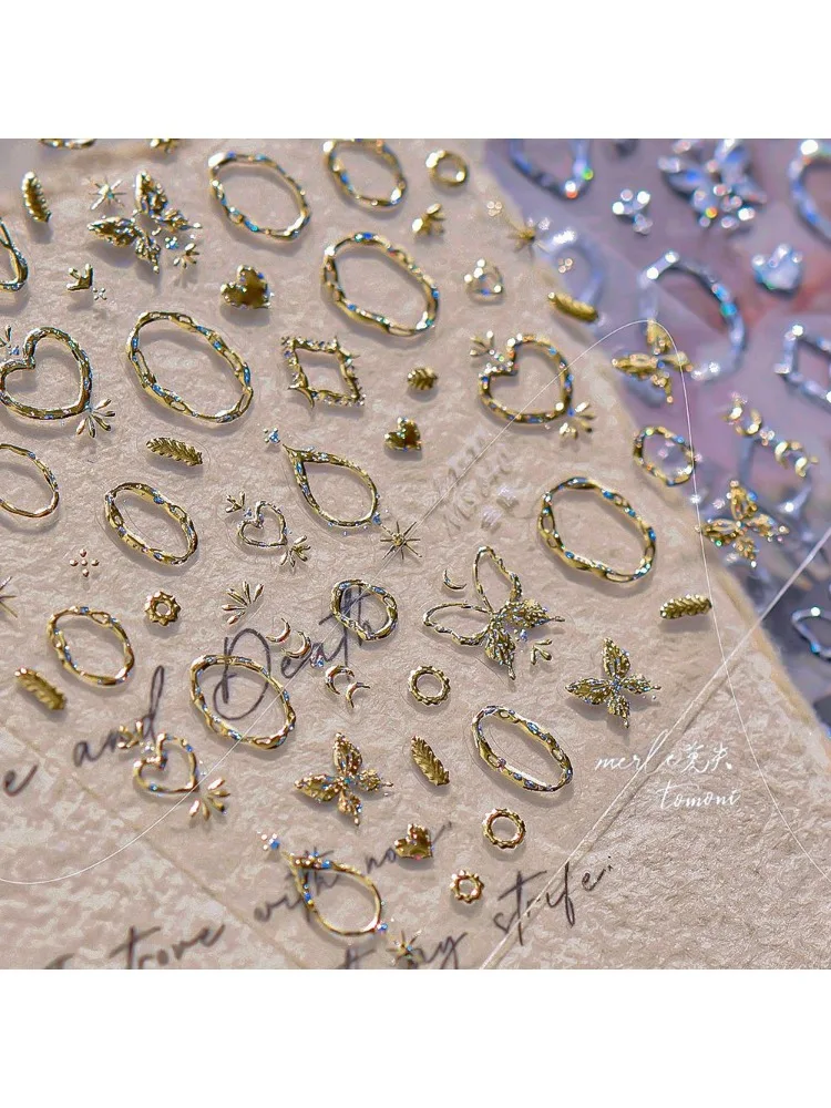 5D or estampage papillon Vintage bordure Nail Art autocollants coeurs étoiles lune brillant métal élégant auto-adhésif manucure décalcomanie