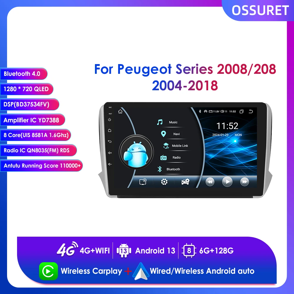 

Android 13 Wireless Carplay for Peugeot 2008 208 2014 - 2018 Car Radio Multimedia Player Navigation GPS 10.1" Stereo DSP 4G 2din