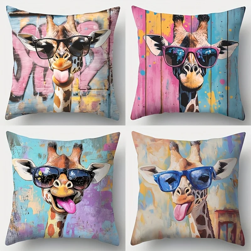 1pc Funny Giraffe With Sunglasses Throw Pillow Cover 2D Double-Side Print Polyester Cushion Case for Home Sofa Animal Lover Hous