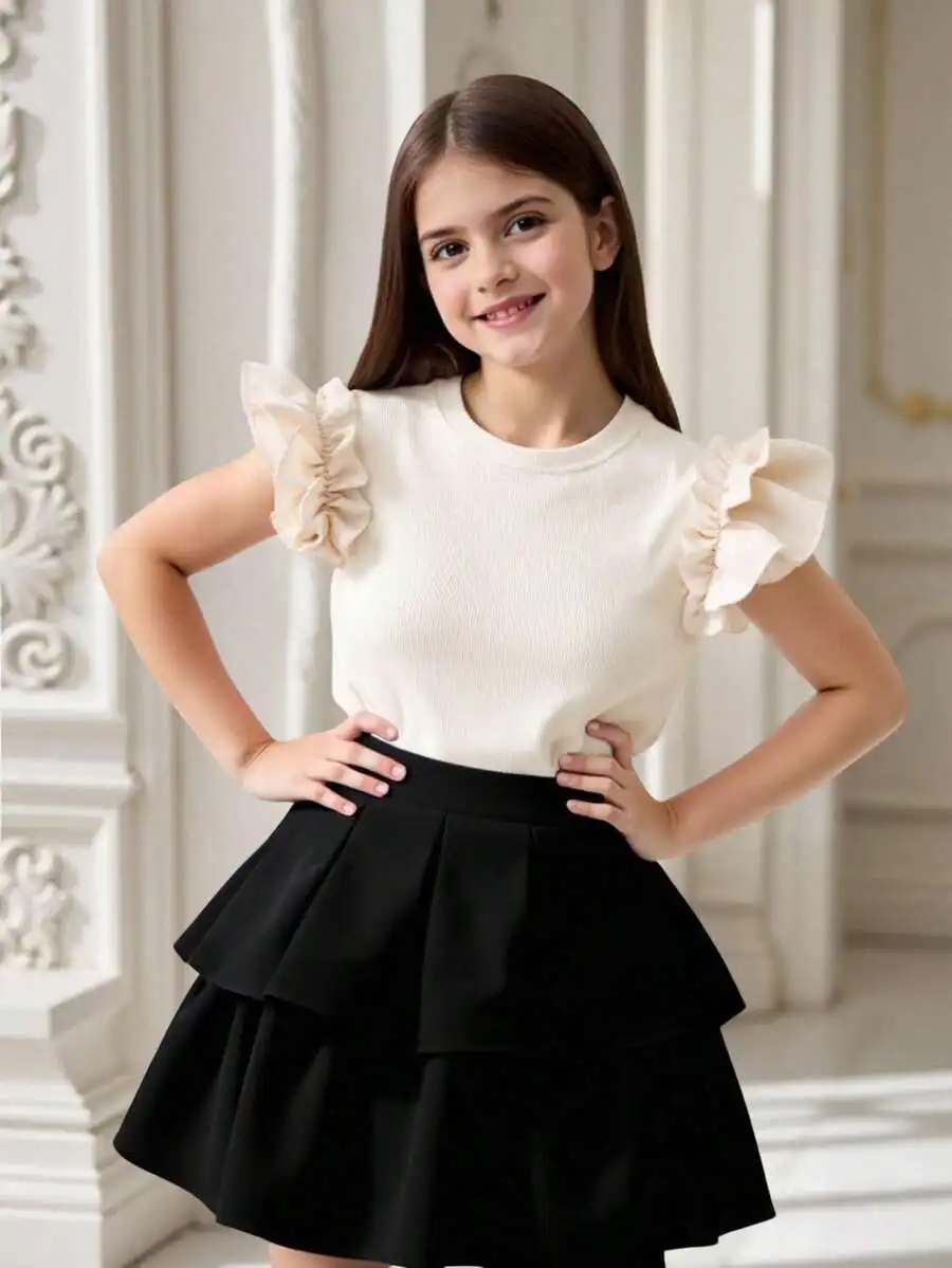 

Кремовый вязаный топ с рюшами и короткими рукавами для девочек в комплекте с многоярусной черной юбкой