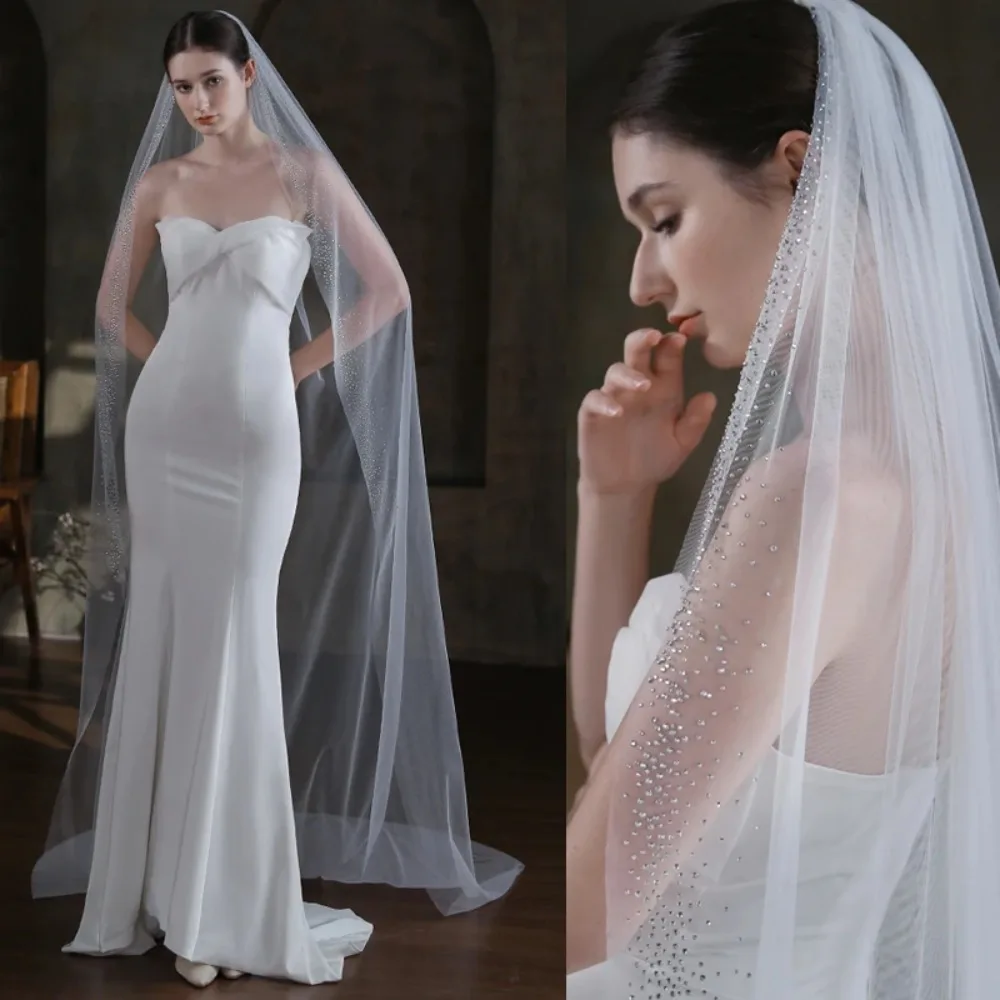 ロングクリスタルビーズウェディングベールチュール1tエレガントな花嫁1層パーティーベールコーム付きカスタマイズ
