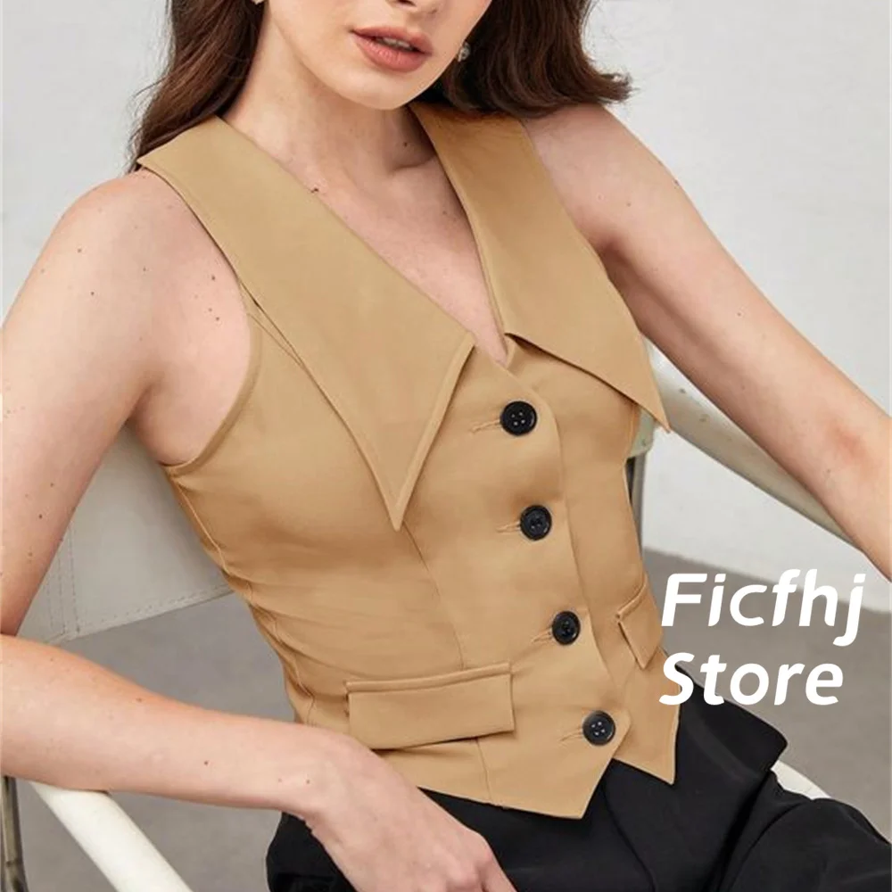 

Women's Vest Sleeveless Notched Lape Single Breasted Khaki Fashion Vest High Quality Woman Clothing Top chalecos para mujeres