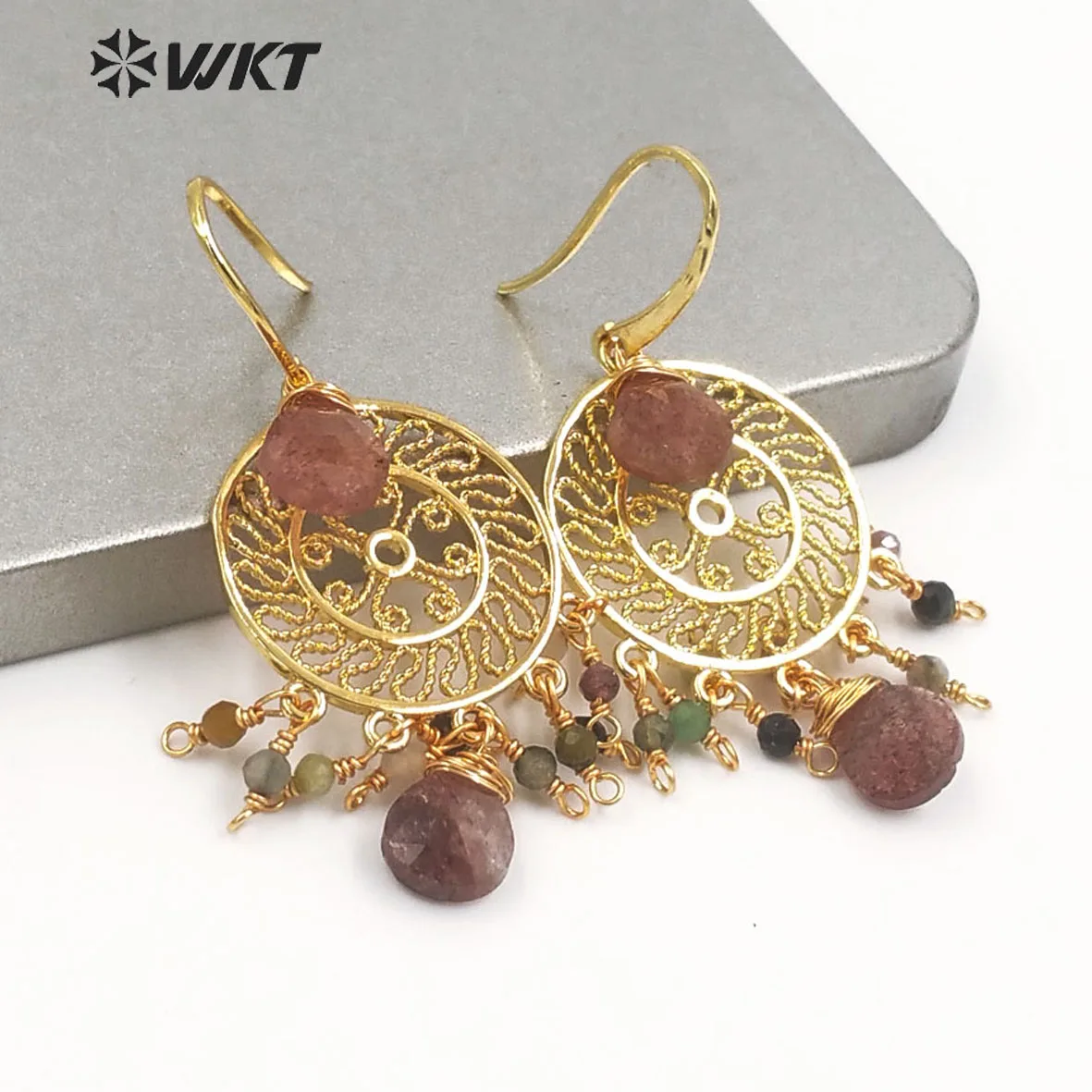 WT-E695 Behemian Fashion Gold Gypsy With Natural Gemstone Made Dangle Earrings Handmade DIY Stone Hoop