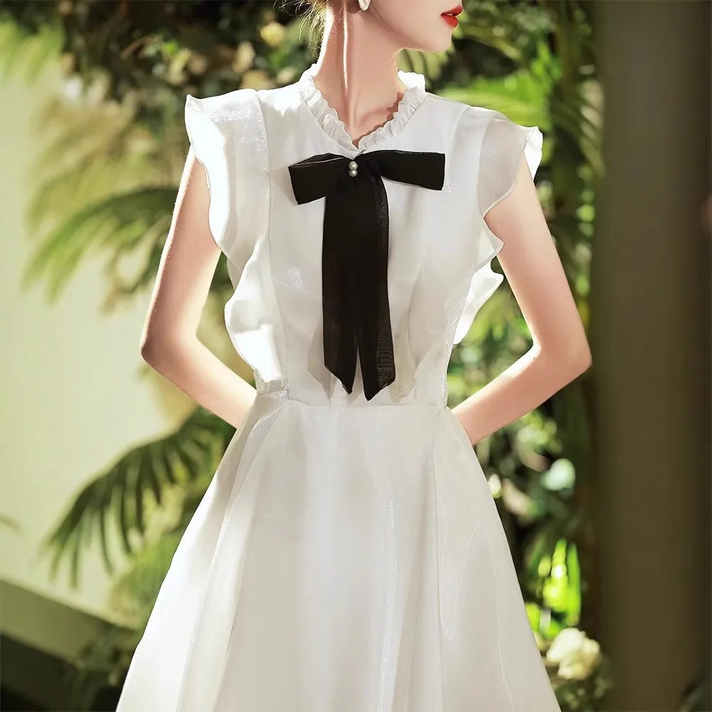 فستان أبيض برقبة دائرية فساتين زفاف حلوة بأكمام جامعية للعروس وحفلات التخرج المسائية وحفلات الضيوف فستان نسائي رسمي #3