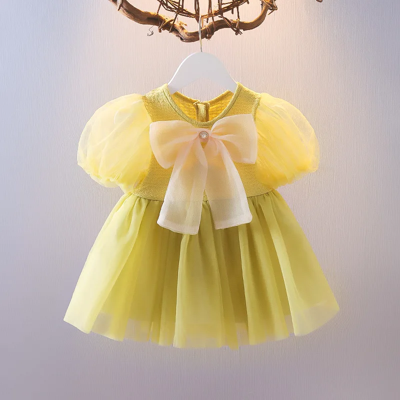 Summer Baby Girl Dress Mesh Tulle Dress Bow Puff Sleeve Princess Costume Wedding Party Ball Gown Birthday Kid Girl Clothes A928